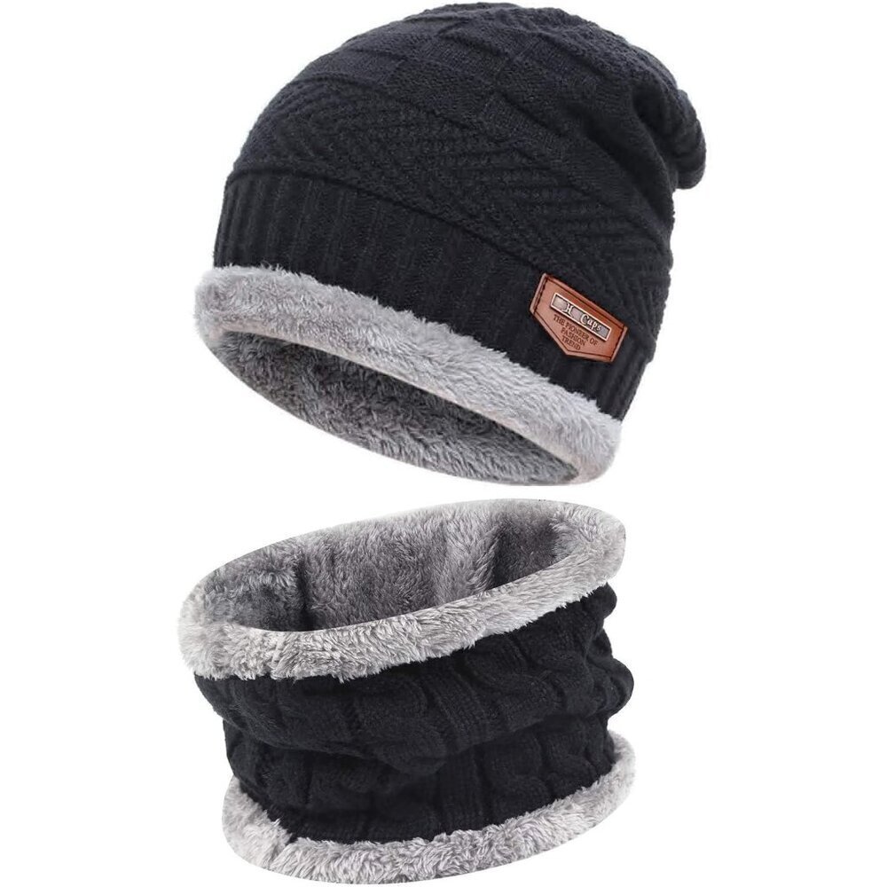 🆕 Men Black Fleece Lined Winter Cap Beanie Scarf Set Knit Neck Warmer Nice Hat